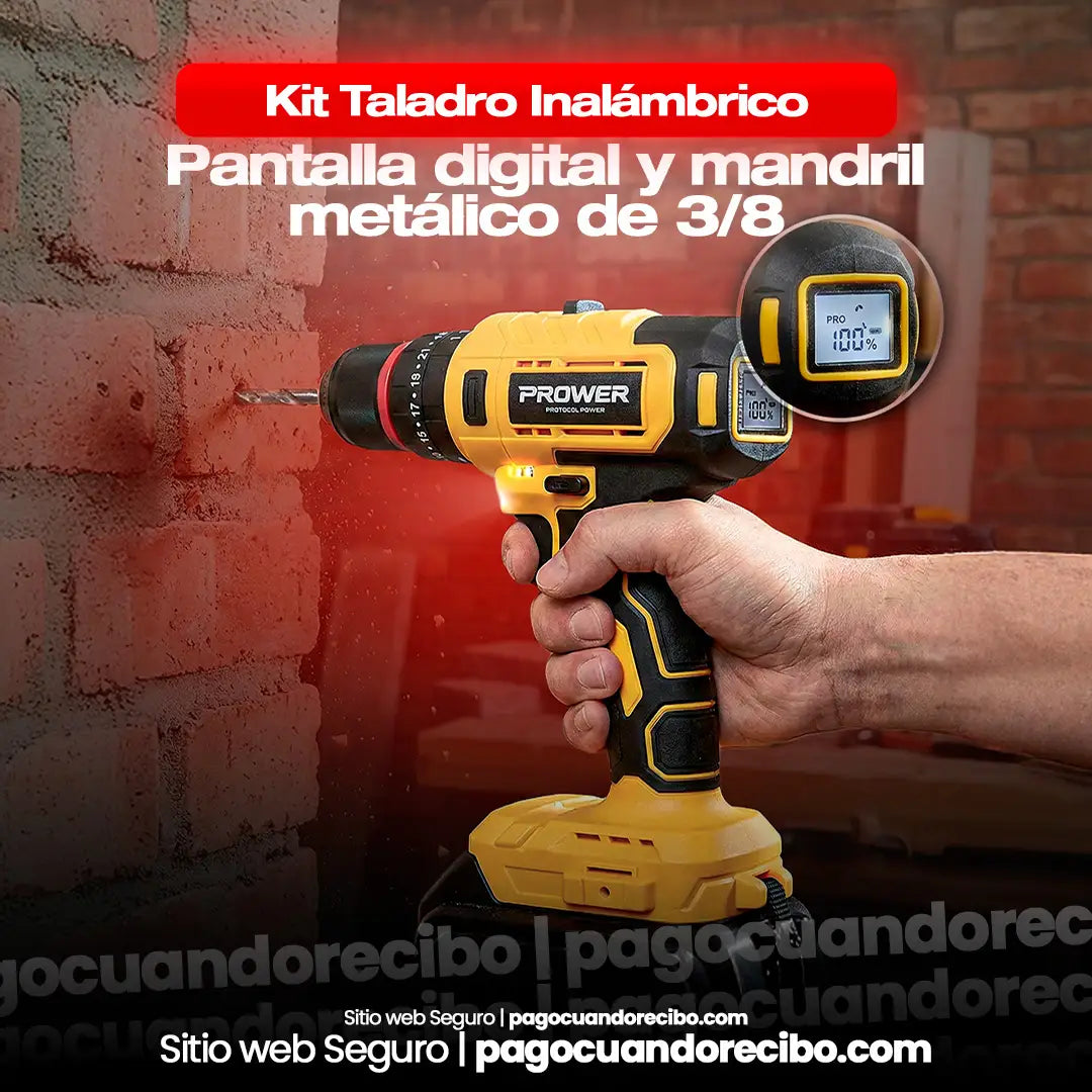 Kit Taladro Inalámbrico pantalla digital y mandril metálico de 3/8