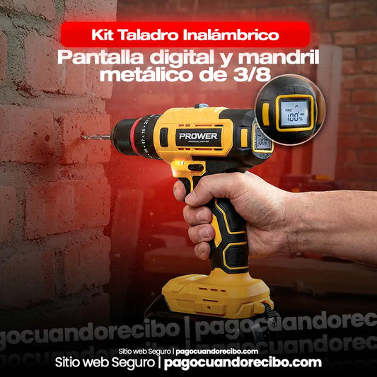 Kit Taladro Inalámbrico pantalla digital y mandril metálico de 3/8