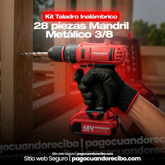 Kit Taladro Inalámbrico 28 piezas Mandril Metálico 3/8 - Rojo
